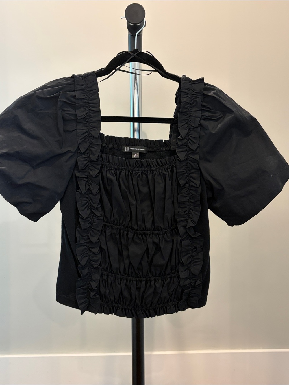 INC International Concepts Black Ruffle-Trim Puff Sleeve Top